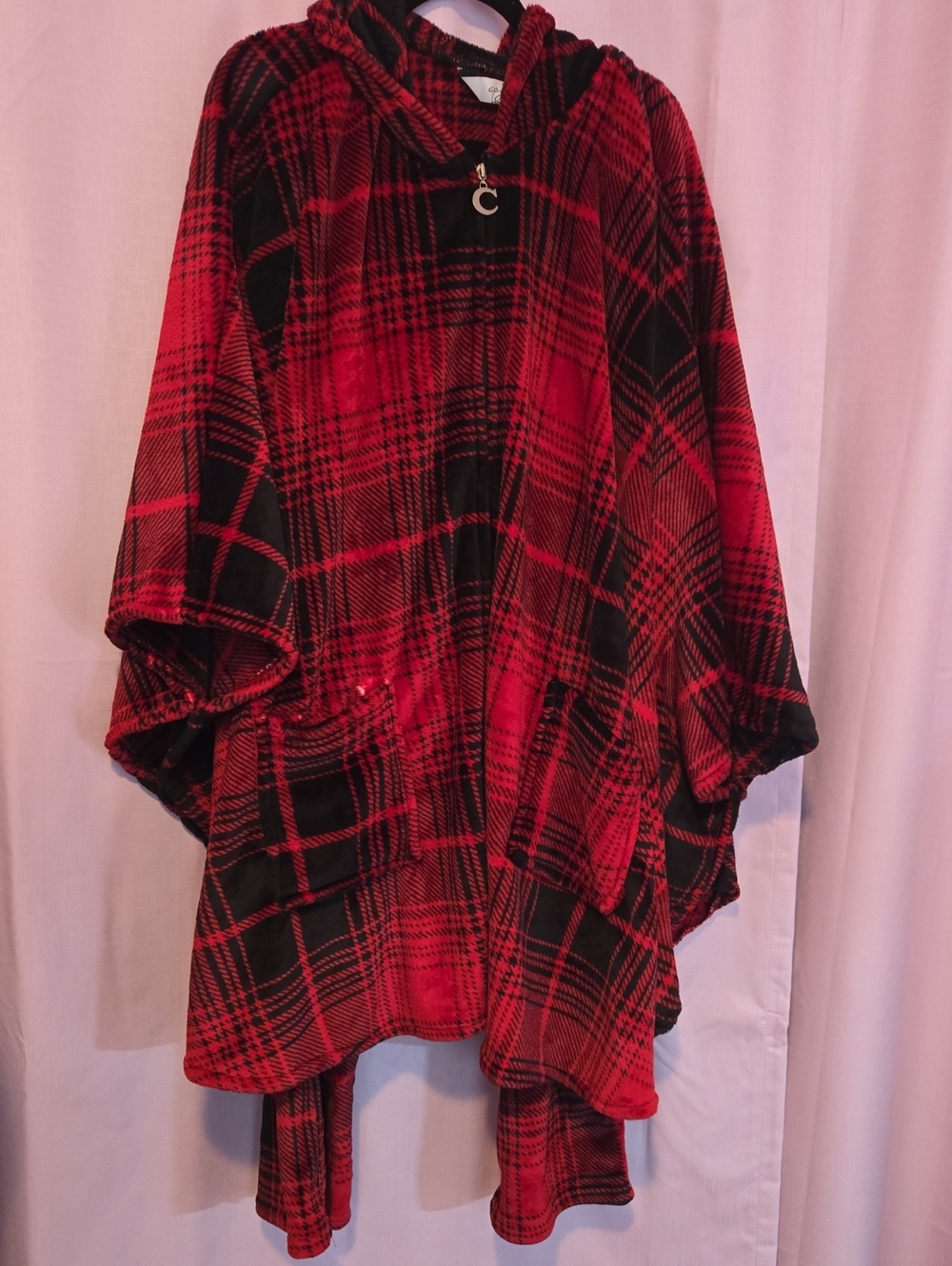 Cozelle Red & Black Plaid Cozy Hooded Poncho Pajama Top and Matching Pants
